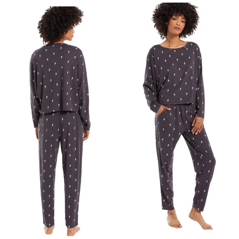 Z Supply Pajama Lounge Set Womens XS Grey Lightning Bolt Cotton Modal 2pc Jogger